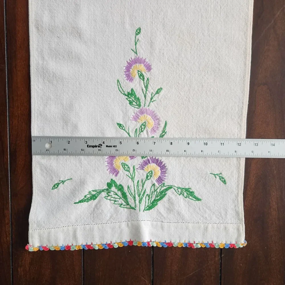 Vintage Floral Table Topper 36 x 12 Rectangle White w/ Multi-color‎ Trim Cotton
